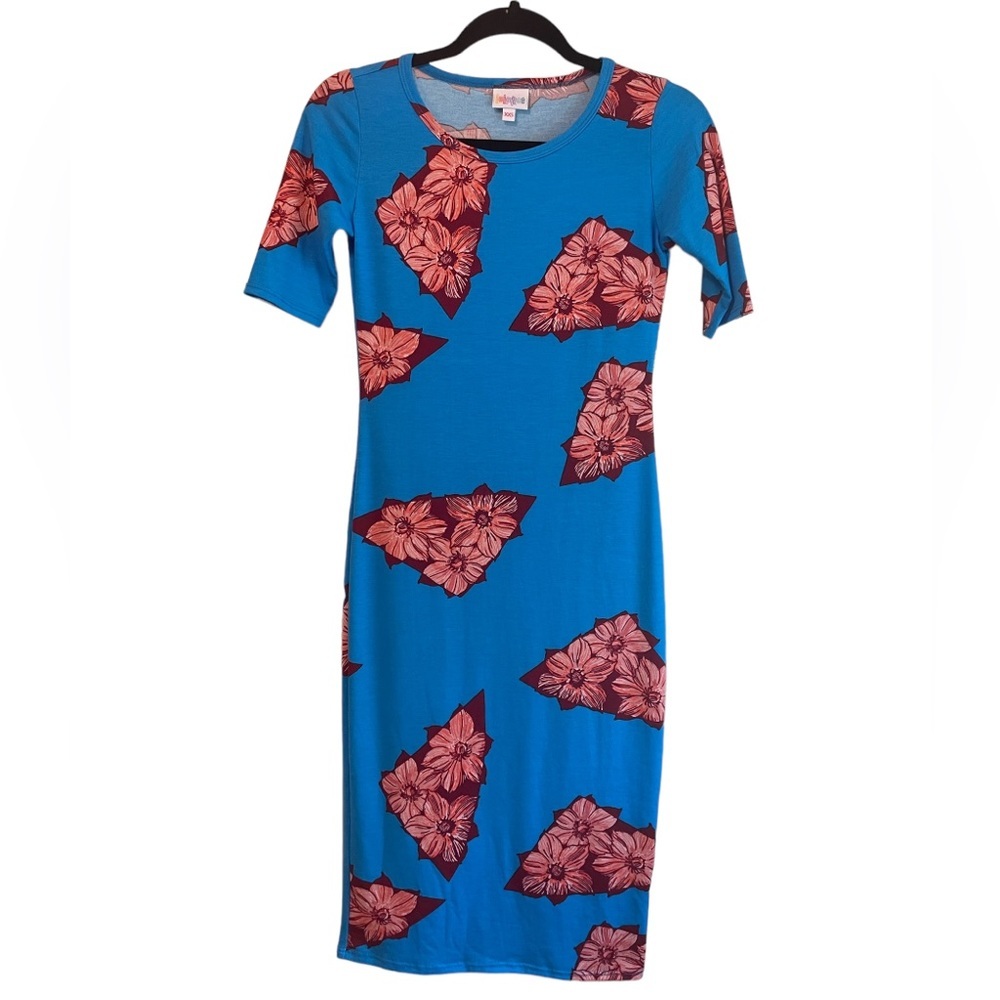 LuLaRoe Julia Tropical T-shirt Dress, turquoise blue with pink flowers,size XXS
